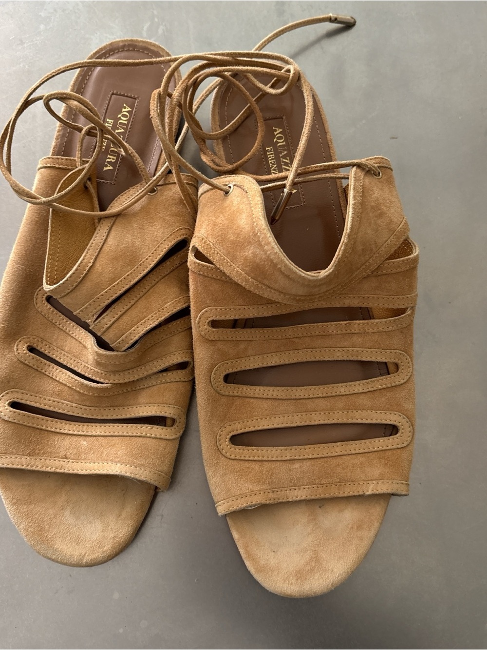 Aquatalia Tan Suede Cutout Lace-Up Sandals